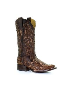 Corral Women's Brown Studded Inlay Square Toe Cowgirl Boots