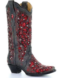 Corral Women's Black & Red Glitter Inlay Cowgirl Boots