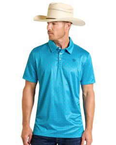 Rock & Roll Men's Peacock Blue Mini Aztec Polo
