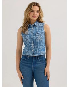 Wrangler Women's Print Denim Crop Western Sleeveless Snap Tank