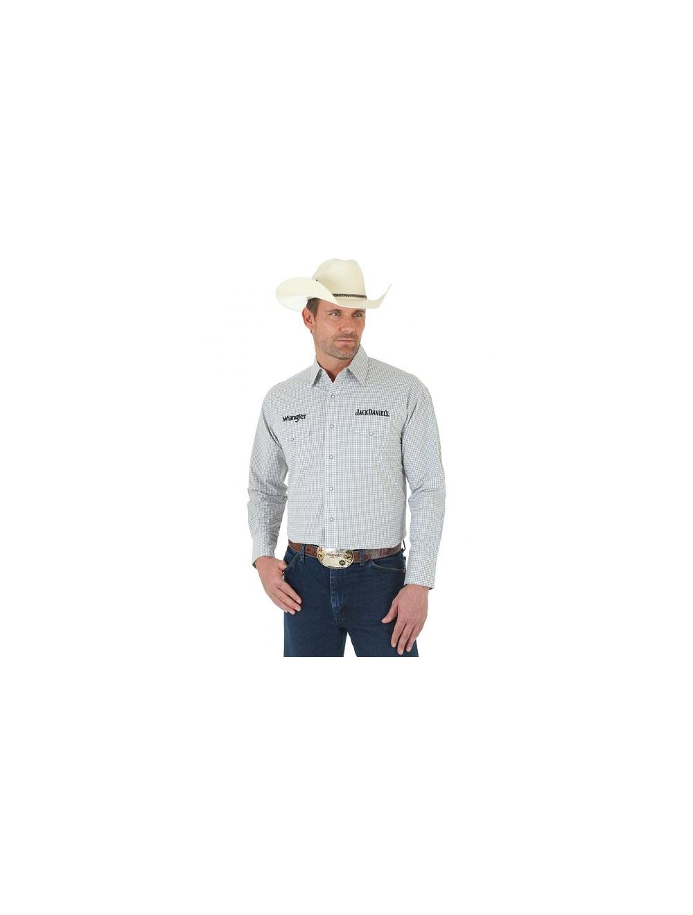 Men's Wrangler Jack Daniel's Logo Grey & White Plaid Snap Shirt